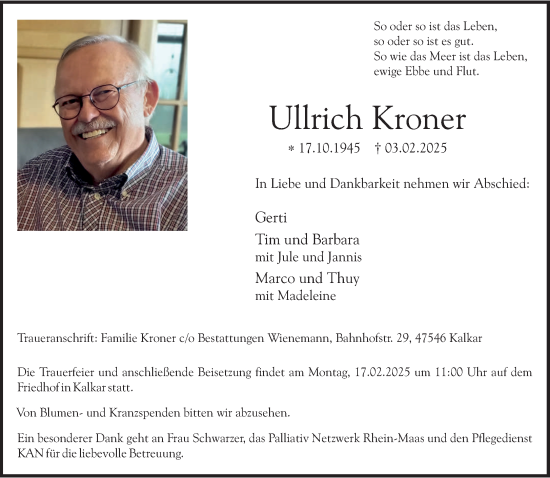 Traueranzeige von Ullrich Kroner von NNA