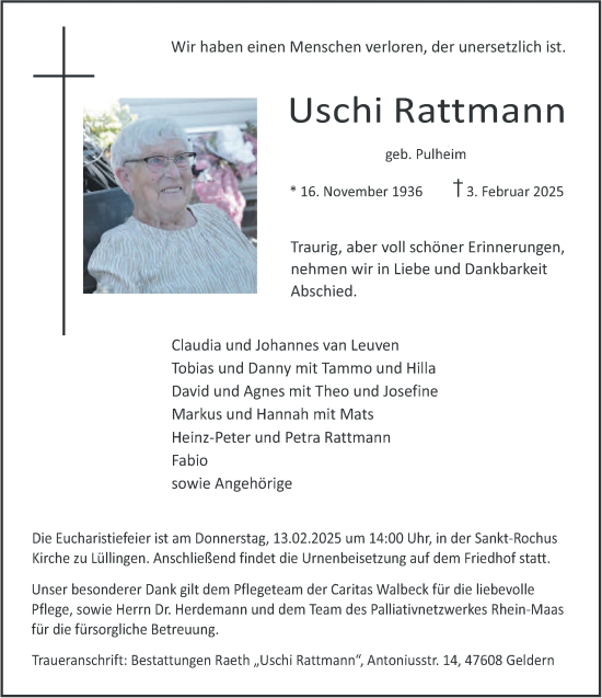 Traueranzeige von Uschi Rattmann von NNA