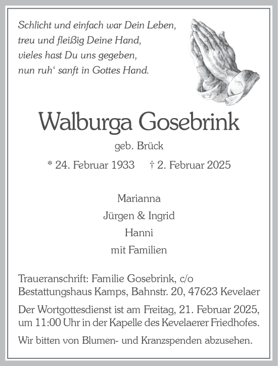 Traueranzeige von Walburga Gosebrink von NNA