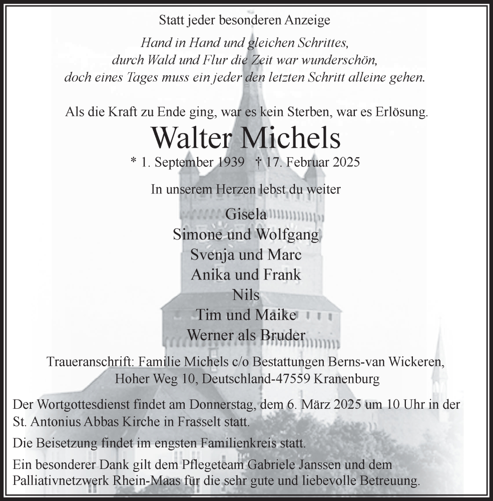  Traueranzeige für Walter Michels vom 01.03.2025 aus NNA