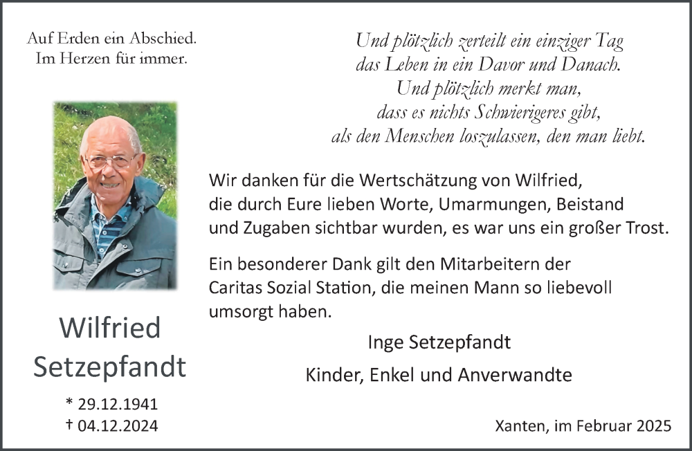  Traueranzeige für Wilfried Setzepfandt vom 01.02.2025 aus NNA