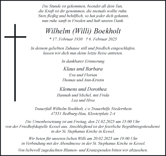 Traueranzeige von Wilhelm Boekholt von NNA