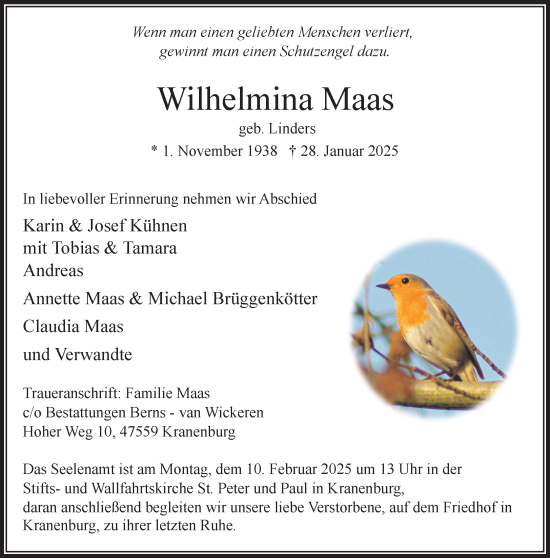Traueranzeige von Wilhelmina Maas von NNA
