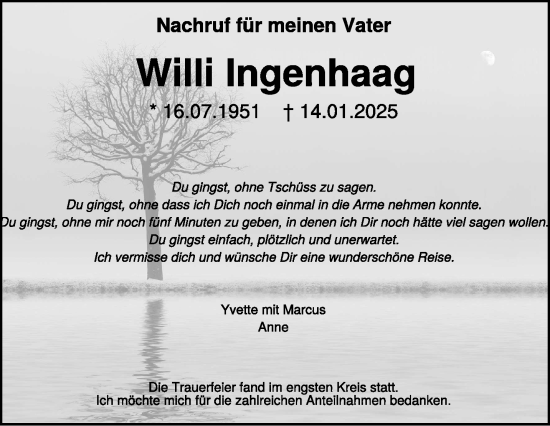 Traueranzeige von Willi Ingenhaag von NNA