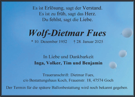 Traueranzeige von Wolf-Dietmar Fues von NNA