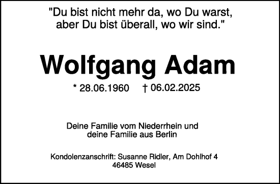 Traueranzeige von Wolfgang Adam von NNA