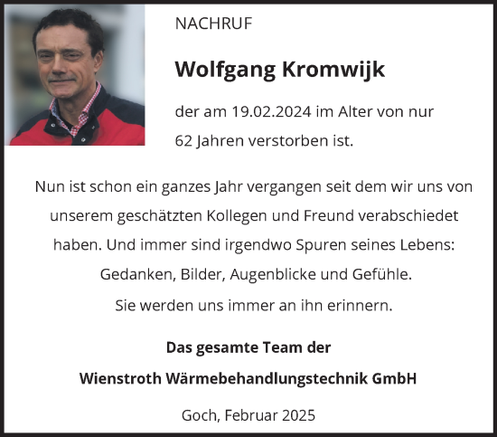 Traueranzeige von Wolfgang Kromwijk von NNA