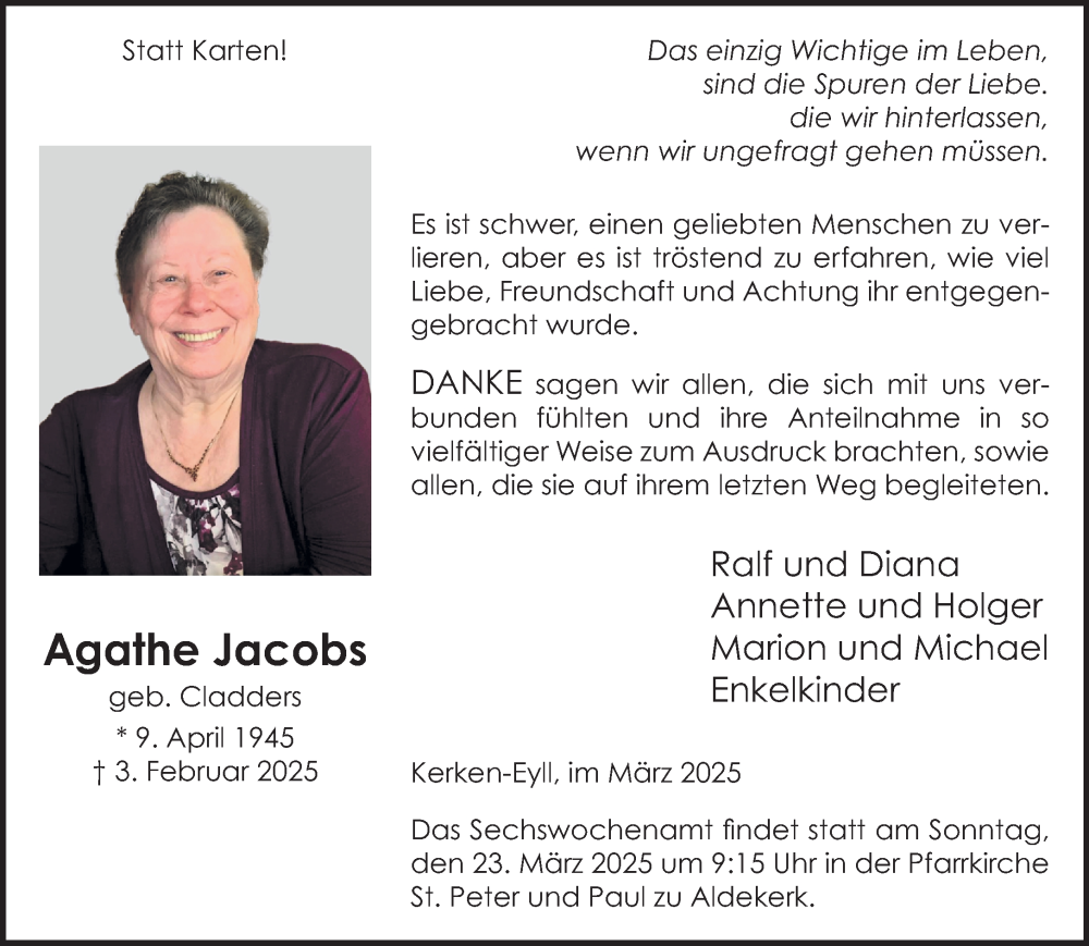  Traueranzeige für Agathe Jacobs vom 15.03.2025 aus NNA