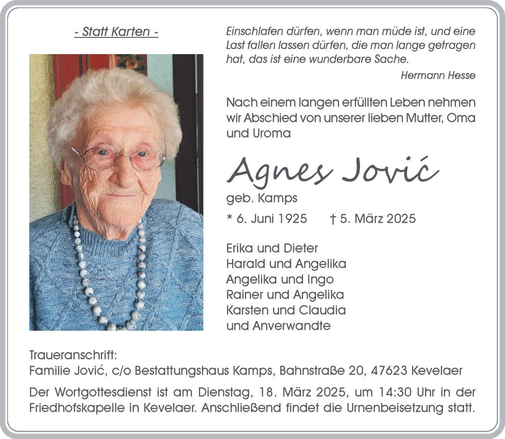 Traueranzeige für Agnes Jovic vom 15.03.2025 aus NNA