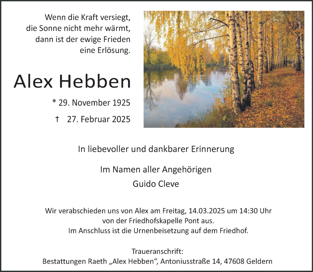  Traueranzeige für Alex Hebben vom 08.03.2025 aus NNA