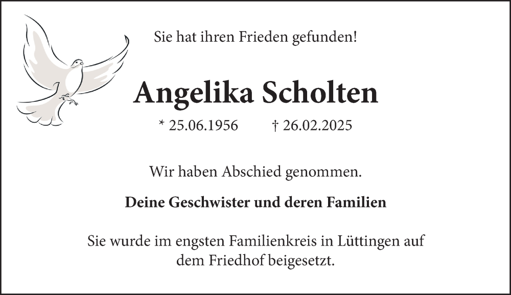  Traueranzeige für Angelika Scholten vom 15.03.2025 aus NNA
