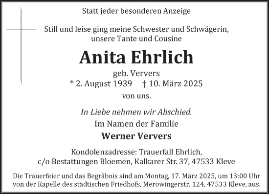Traueranzeige von Anita Ehrlich von NNA