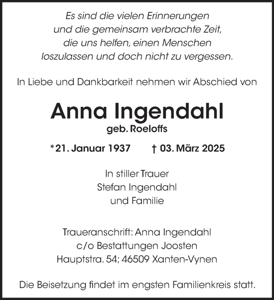 Traueranzeige von Anna Ingendahl von NNA