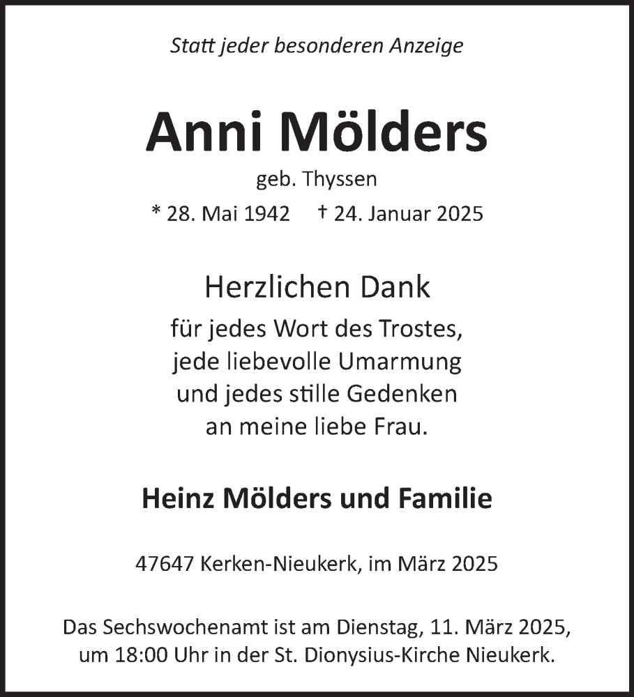  Traueranzeige für Anni Mölders vom 08.03.2025 aus NNA