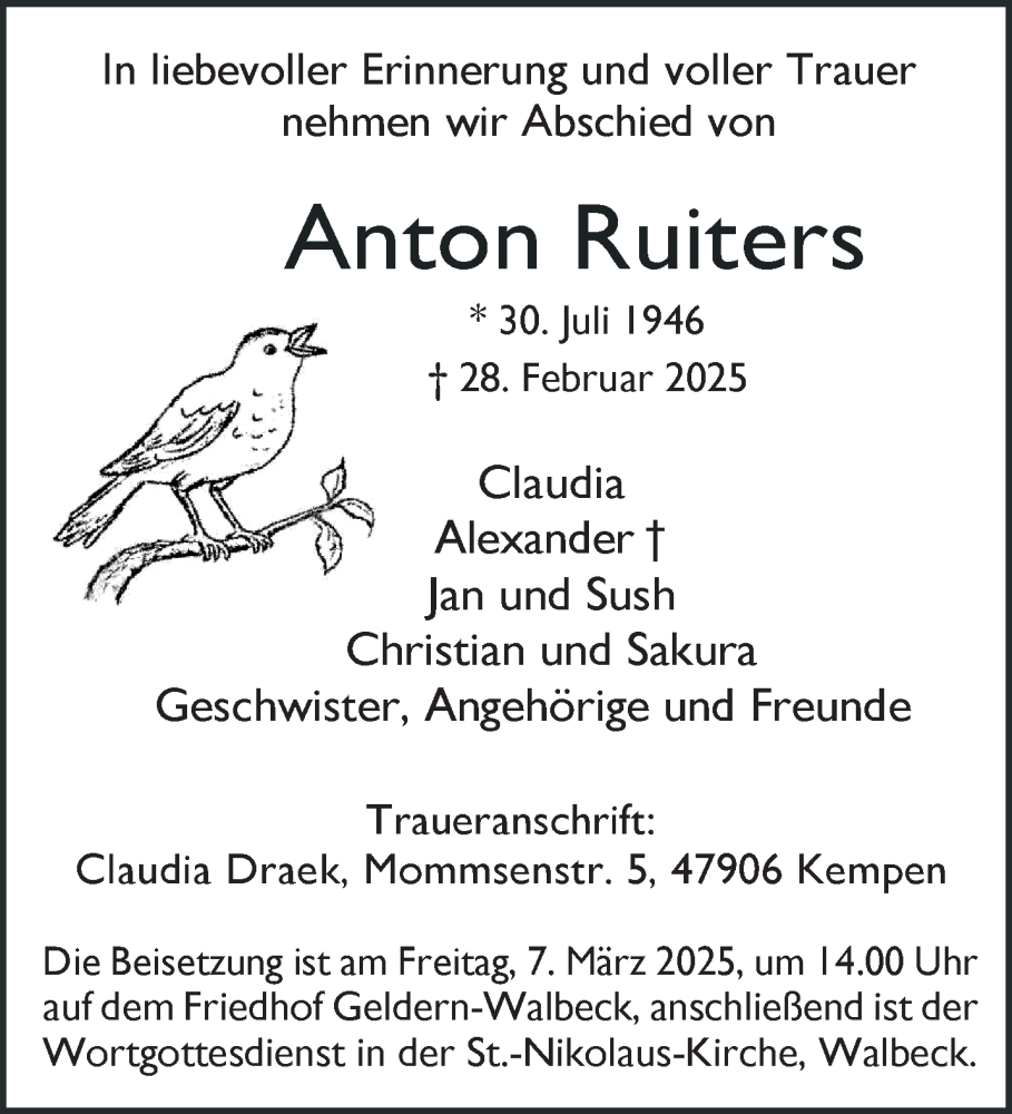  Traueranzeige für Anton Ruiters vom 05.03.2025 aus NNA