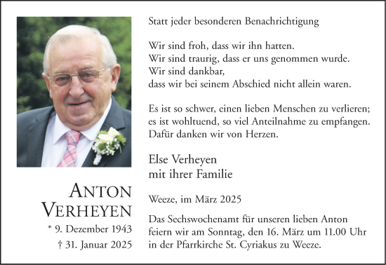 Traueranzeige von Anton Verheyen von NNA