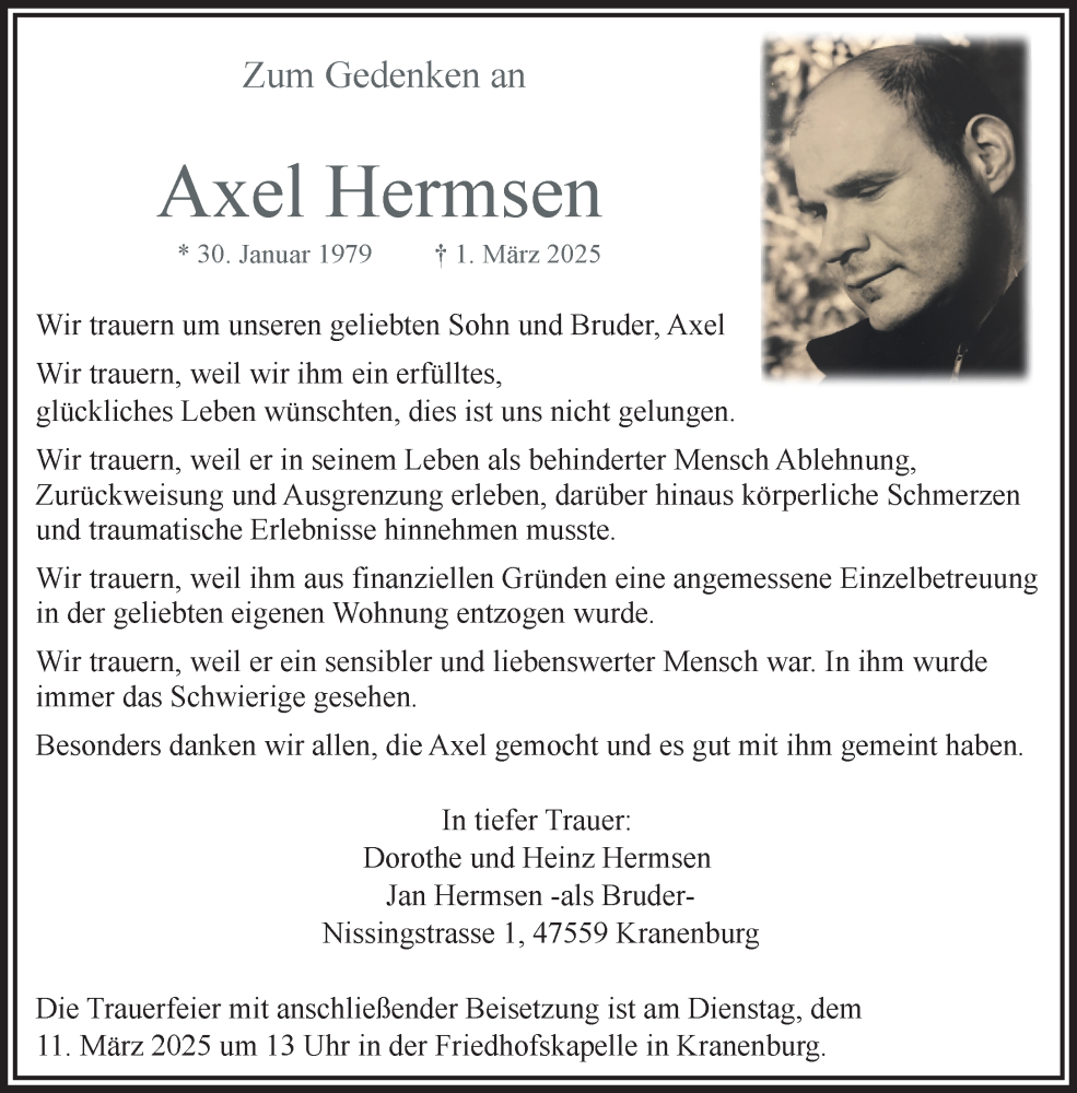  Traueranzeige für Axel Hermsen vom 08.03.2025 aus NNA