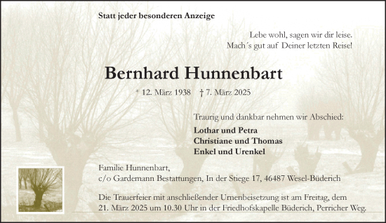Traueranzeige von Bernhard Hunnenbart von NNA