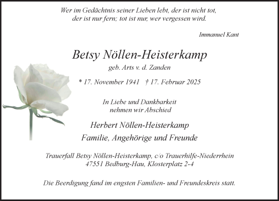 Traueranzeige von Betsy Nöllen-Heisterkamp von NNA