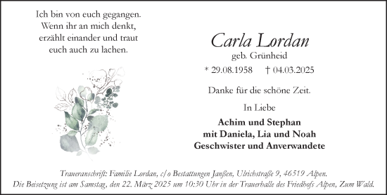 Traueranzeige von Carla Lordan von NNA