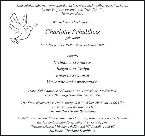Traueranzeige von Charlotte Schultheis von NNA