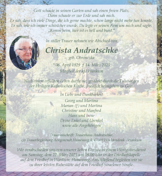 Traueranzeige von Christa Andratschke von NNA