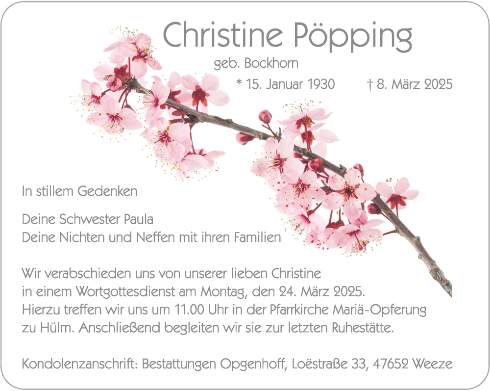  Traueranzeige für Christine Pöpping vom 15.03.2025 aus NNA