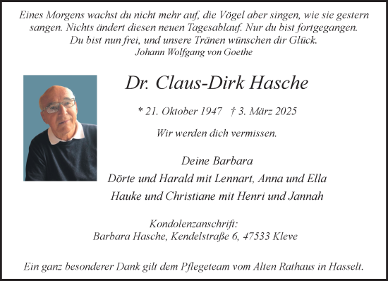 Traueranzeige von Claus-Dirk Hasche von NNA