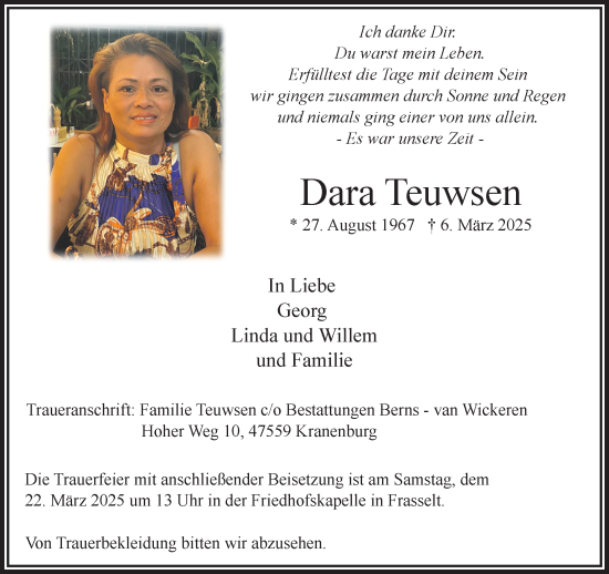 Traueranzeige von Dara Teuwsen von NNA