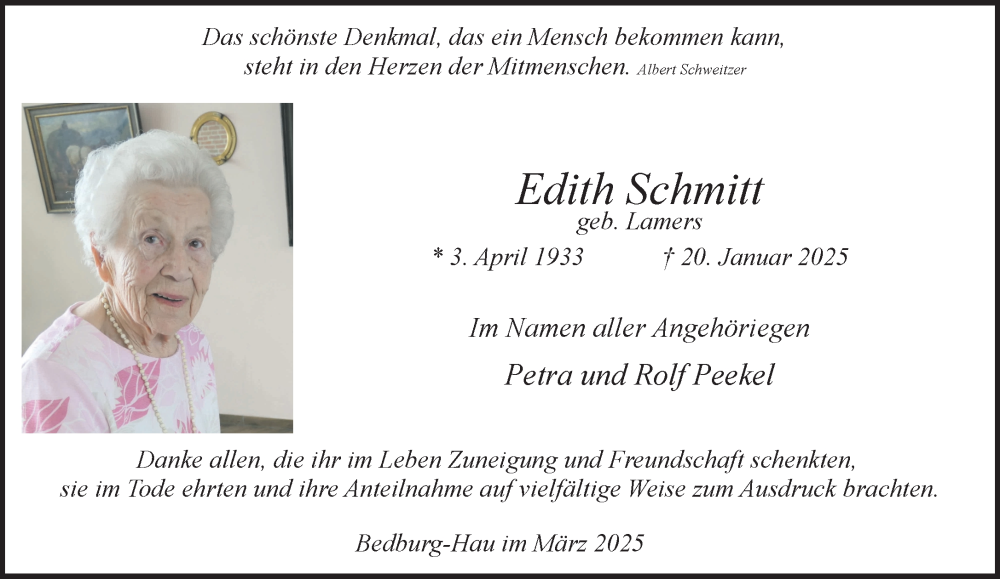  Traueranzeige für Edith Schmitt vom 08.03.2025 aus NNA