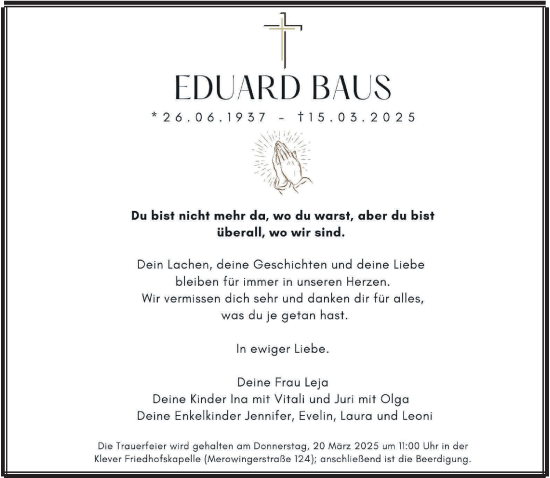 Traueranzeige von Eduard Baus von NNA