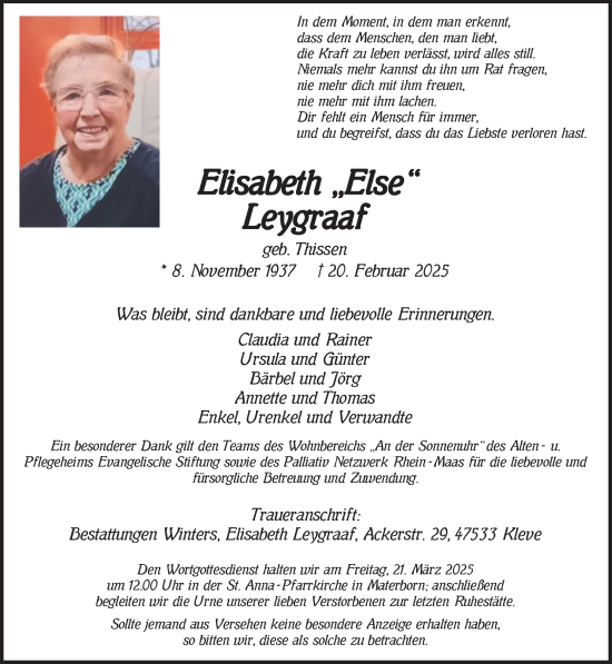 Traueranzeige von Elisabeth Leygraaf von NNA