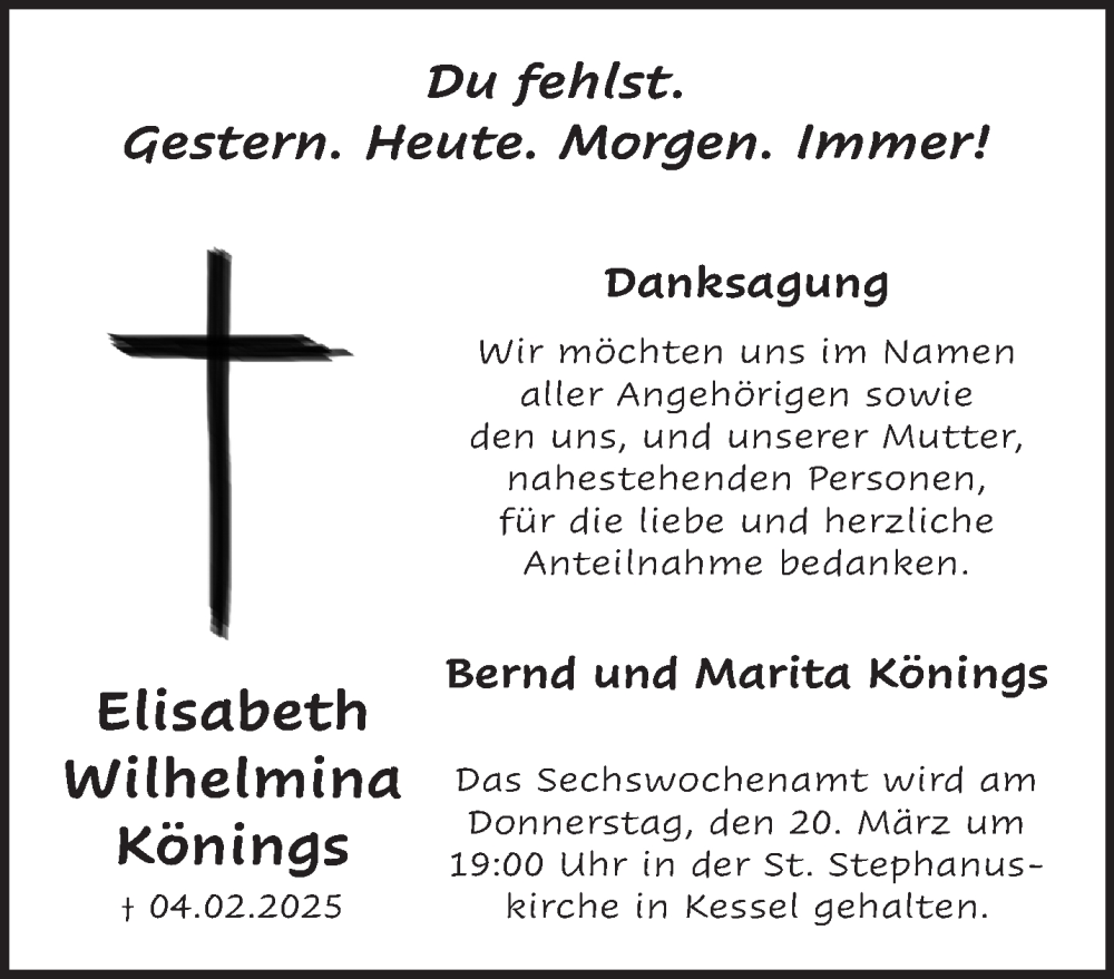  Traueranzeige für Elisabeth Wilhelmina Könings vom 15.03.2025 aus NNA