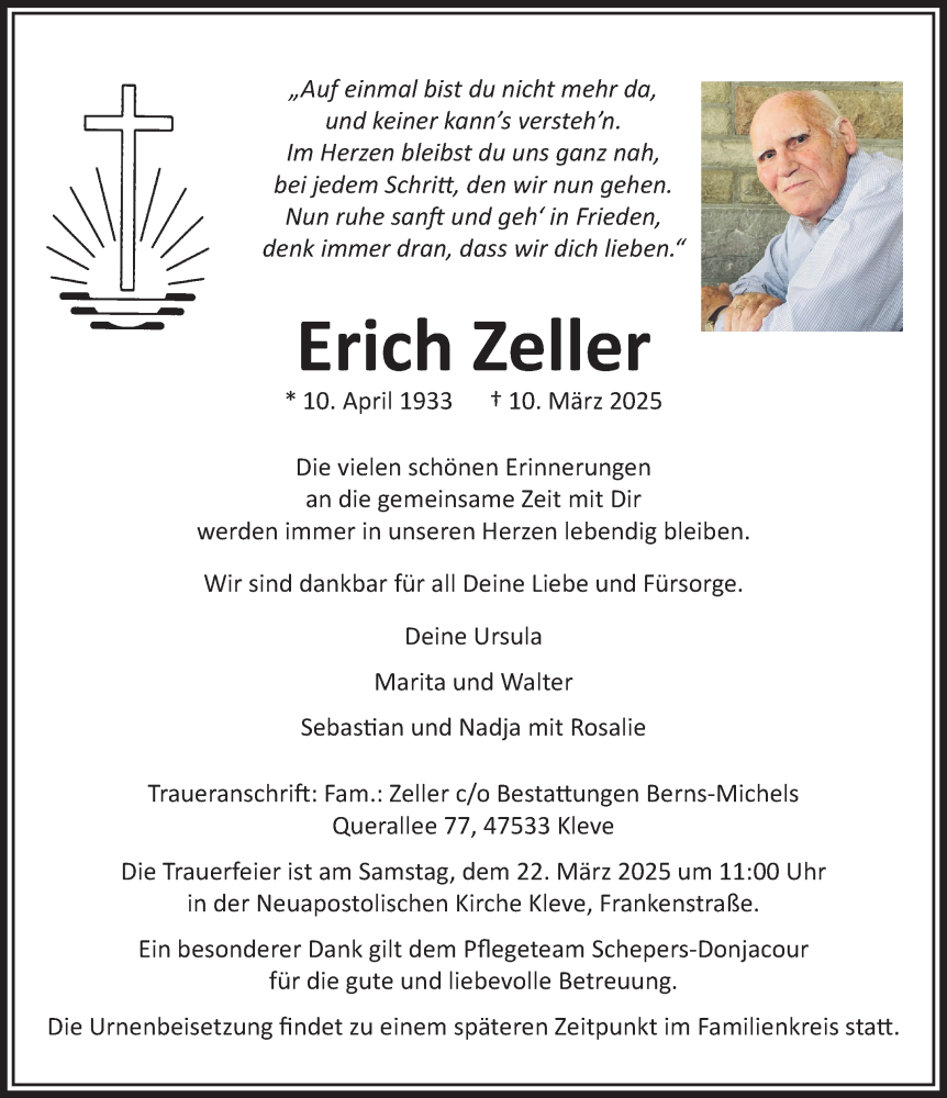  Traueranzeige für Erich Zeller vom 15.03.2025 aus NNA