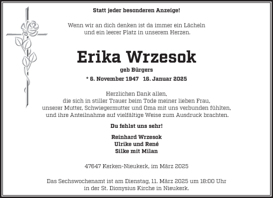 Traueranzeige von Erika Wrzesok von NNA