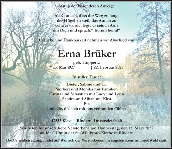 Traueranzeige von Erna Brüker von NNA