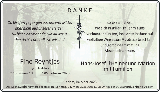 Traueranzeige von Fine Reyntjes von NNA