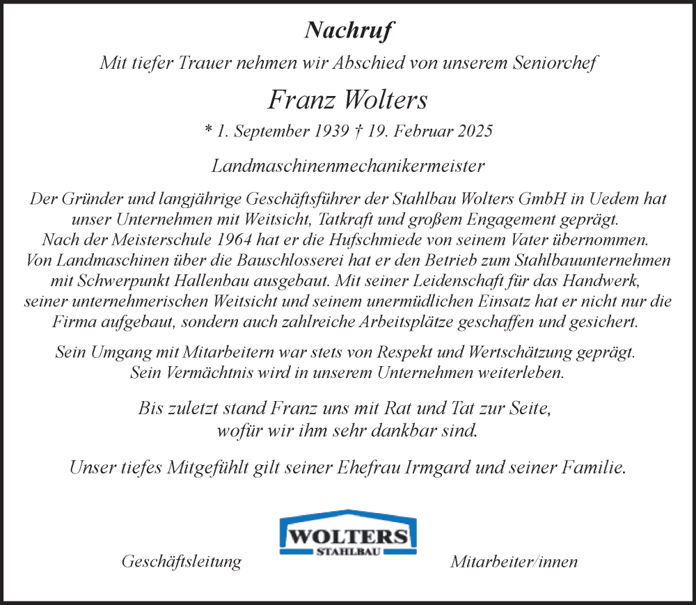  Traueranzeige für Franz Wolters vom 15.03.2025 aus NNA