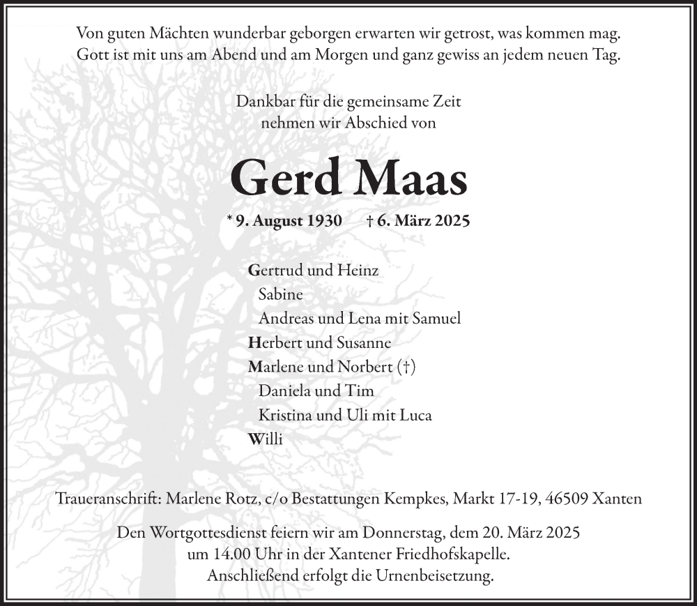  Traueranzeige für Gerd Maas vom 15.03.2025 aus NNA