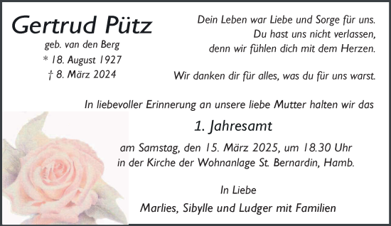 Traueranzeige von Gertrud Pütz von NNA