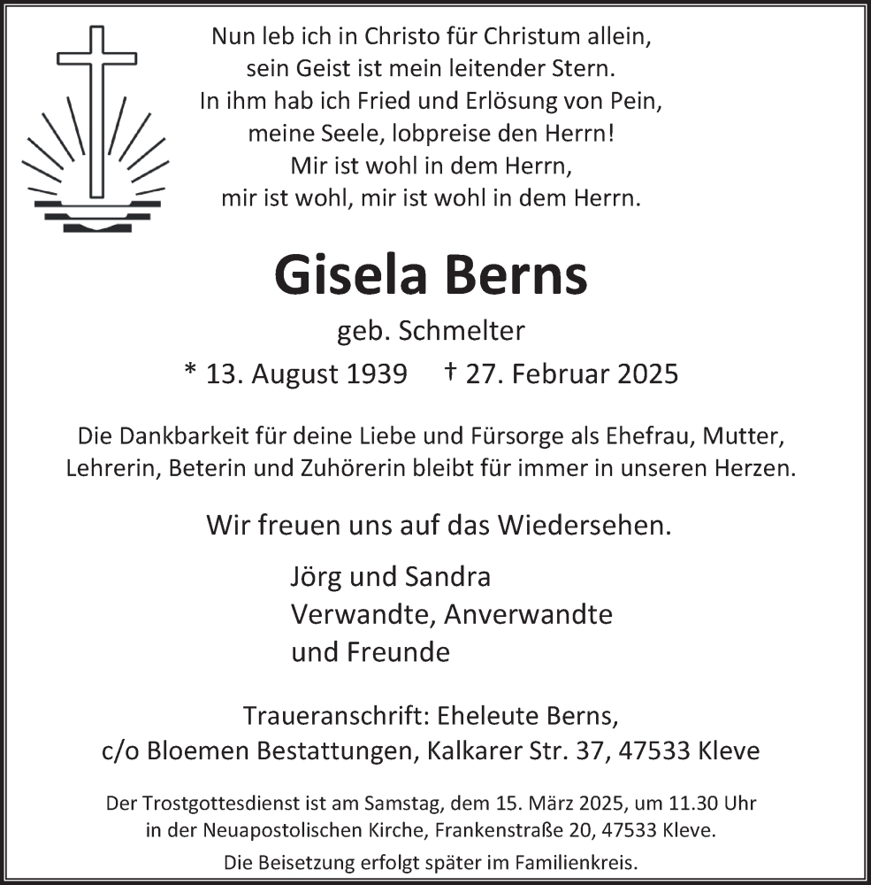  Traueranzeige für Gisela Berns vom 08.03.2025 aus NNA