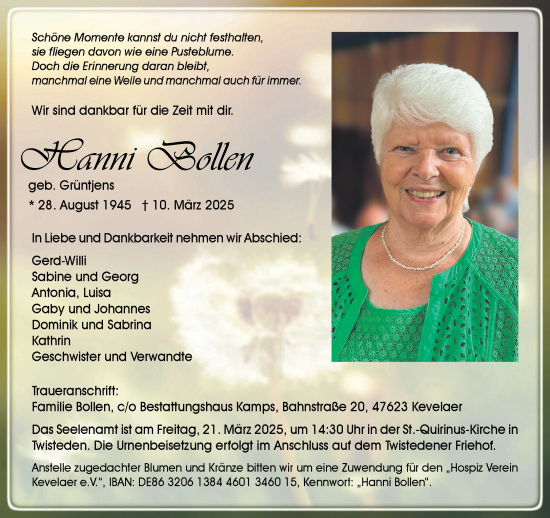 Traueranzeige von Hanni Bollen von NNA