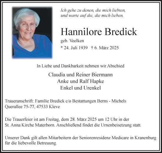 Traueranzeige von Hannilore Bredick von NNA