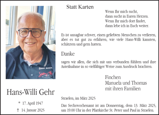 Traueranzeige von Hans-Willi Gehr von NNA