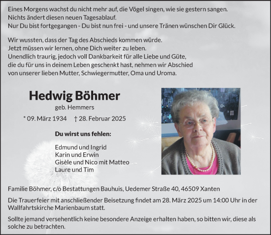Traueranzeige von Hedwig Böhmer von NNA