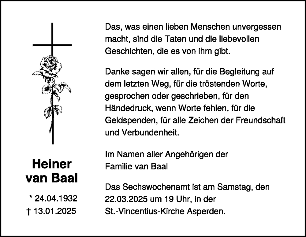  Traueranzeige für Heiner van Baal vom 15.03.2025 aus NNA