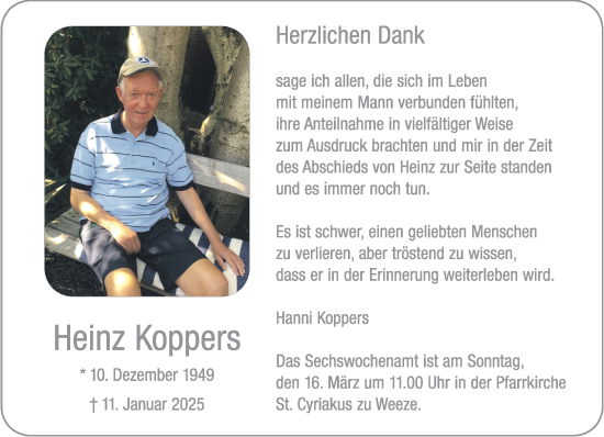 Traueranzeige von Heinz Koppers von NNA
