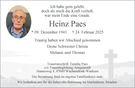 Traueranzeige von Heinz Paes von NNA