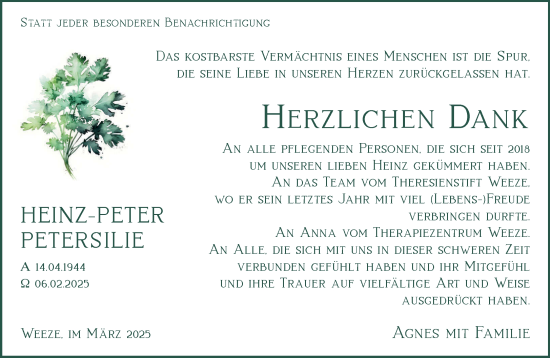 Traueranzeige von Heinz-Peter Petersilie von NNA