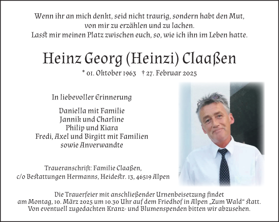 Traueranzeige von Heinz Georg Claaßen von NNA